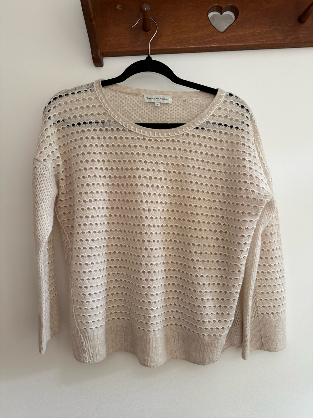 Cashmere White + Warren Open-Weave Cream Crewneck Sweater